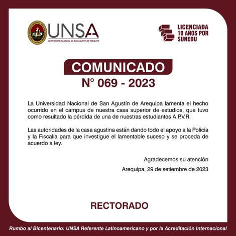 UNSA emite comunicado tras feminicidio en su campus.