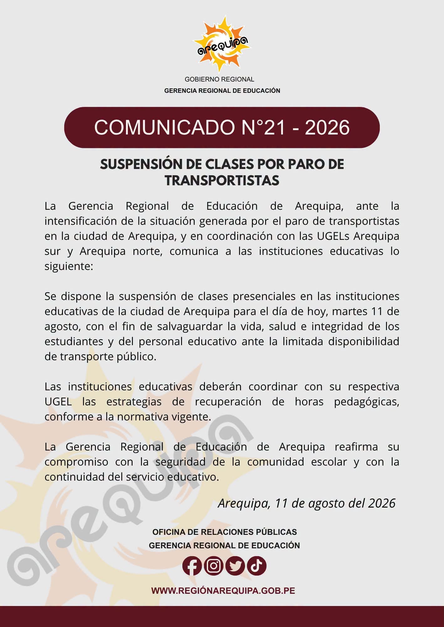 Suspenden labores escolares en Arequipa por paro de transportes