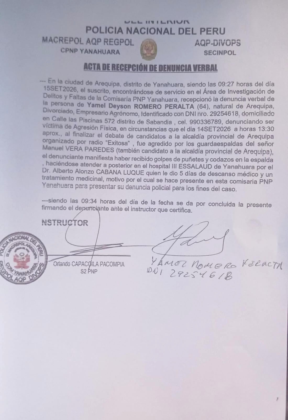 Denuncia interpuesta por Yamel Romero contra Manuel Vera Paredes