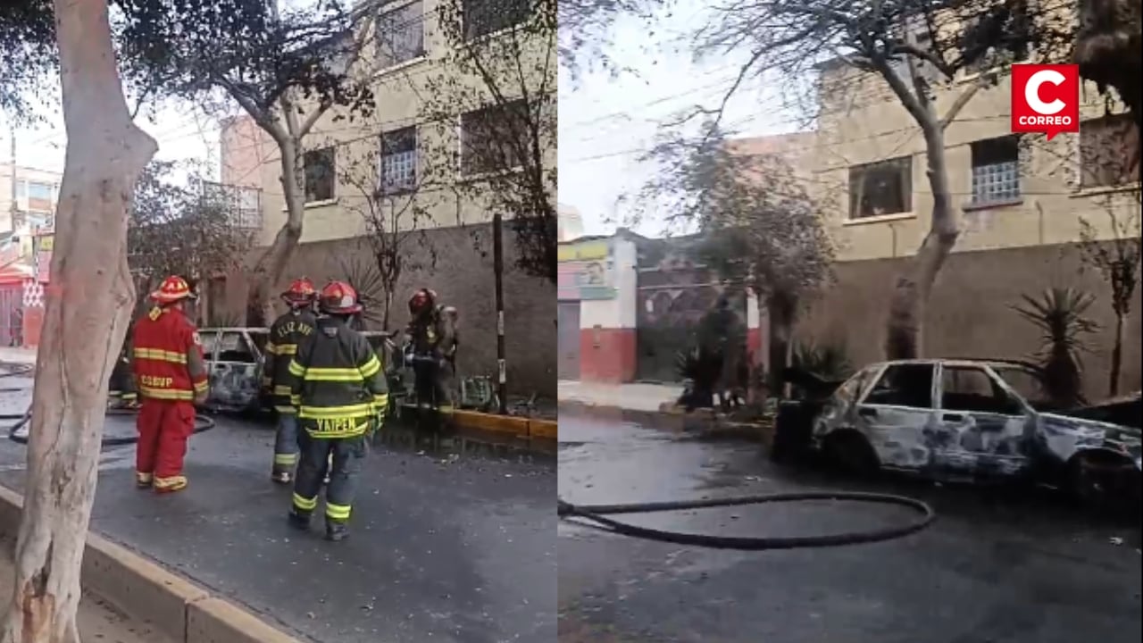 Cercado de Lima: auto abandonado se incendia cerca a edificio multifamiliar. Composición: Diario Correo.
