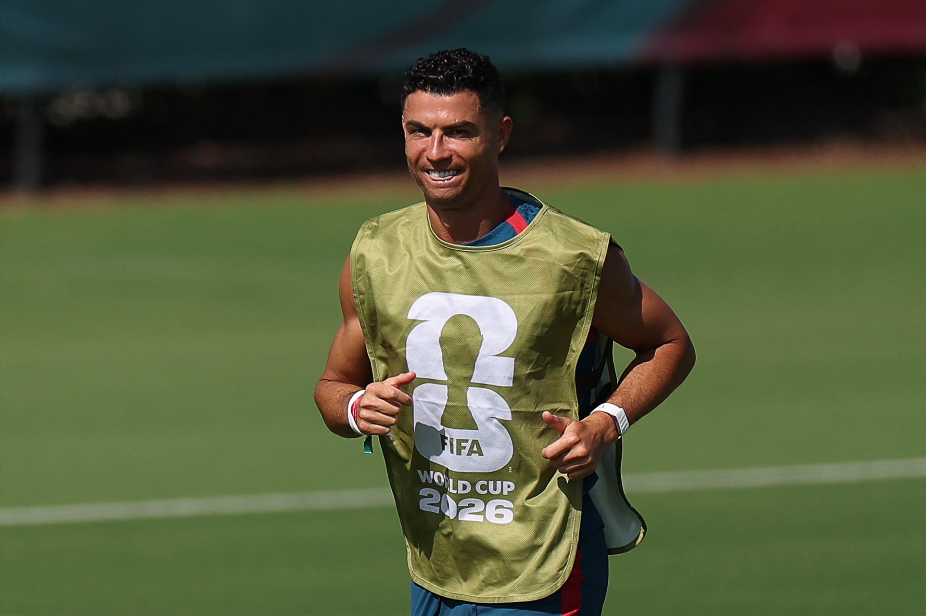 Portugal's forward #07 Cristiano Ronaldo warm up during an MD-1 training session at Gardens North County District Park in Palm Beach Gardens, on June 22, 2026, on the eve of the 2026 World cup Group K football match between Portugal and Uzbekistan. (Photo by PATRICIA DE MELO MOREIRA / AFP)