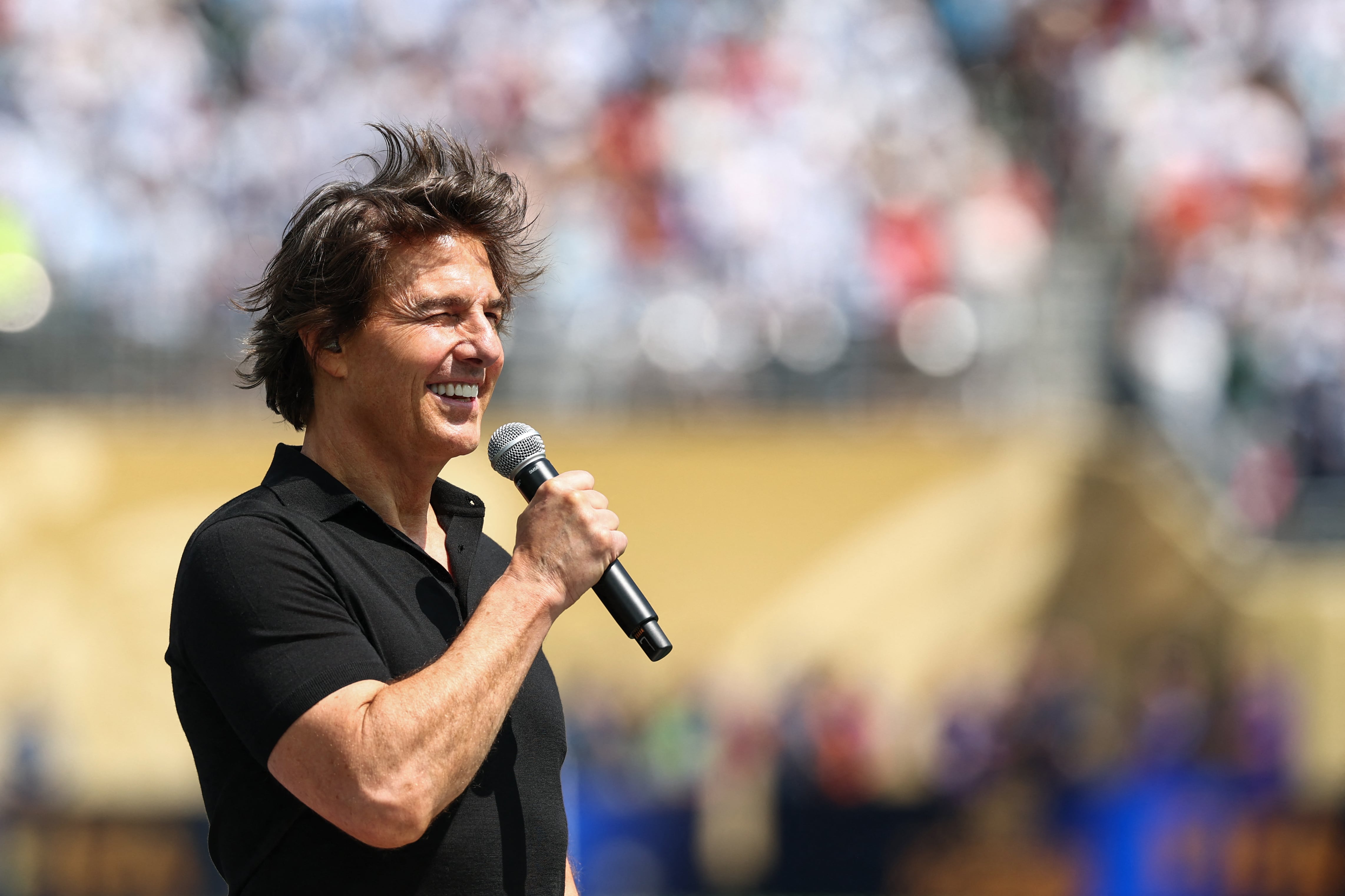 US actor and producer Tom Cruise delivers a speech ahead of the 2026 World Cup football tournament final match between Spain and Argentina at the New York/New Jersey Stadium in East Rutherford on July 19, 2026. (Photo by FRANCK FIFE / AFP)