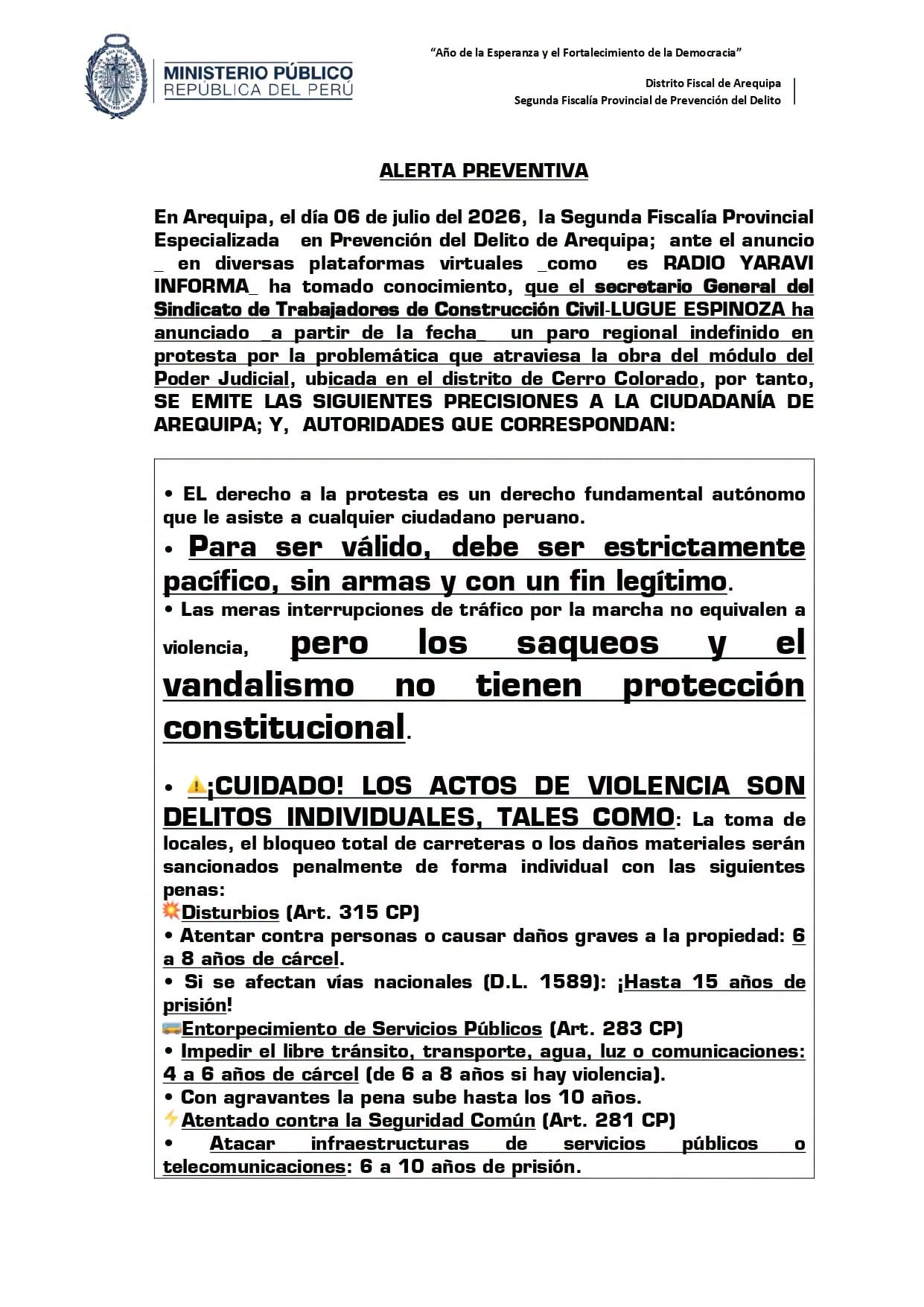 Fiscalía de Arequipa emite alerta preventiva y advierte sobre los delitos que podrían incurrir en la protesta de Construcción Civil