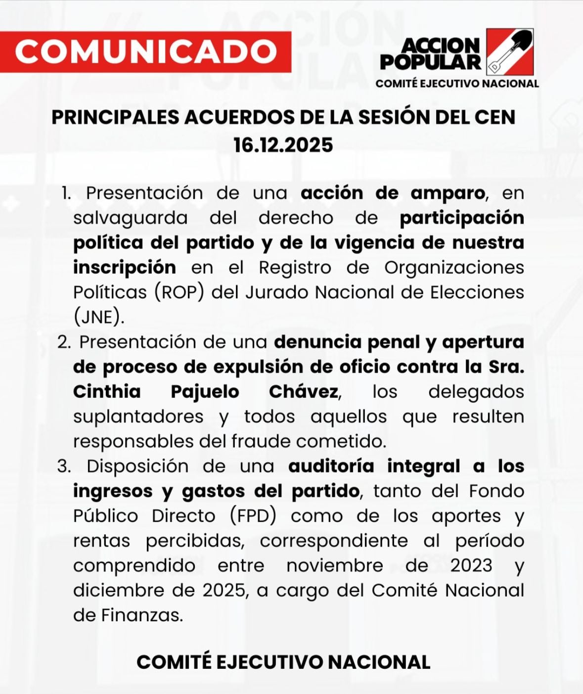 Comunicado del Comité Ejecutivo Nacional de Acción Popular.