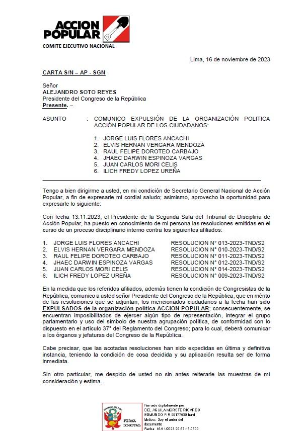 Carta enviada por el secretario general de Acción Popular al presidente del Congreso en el que le comunica la expulsión de los seis congresistas.