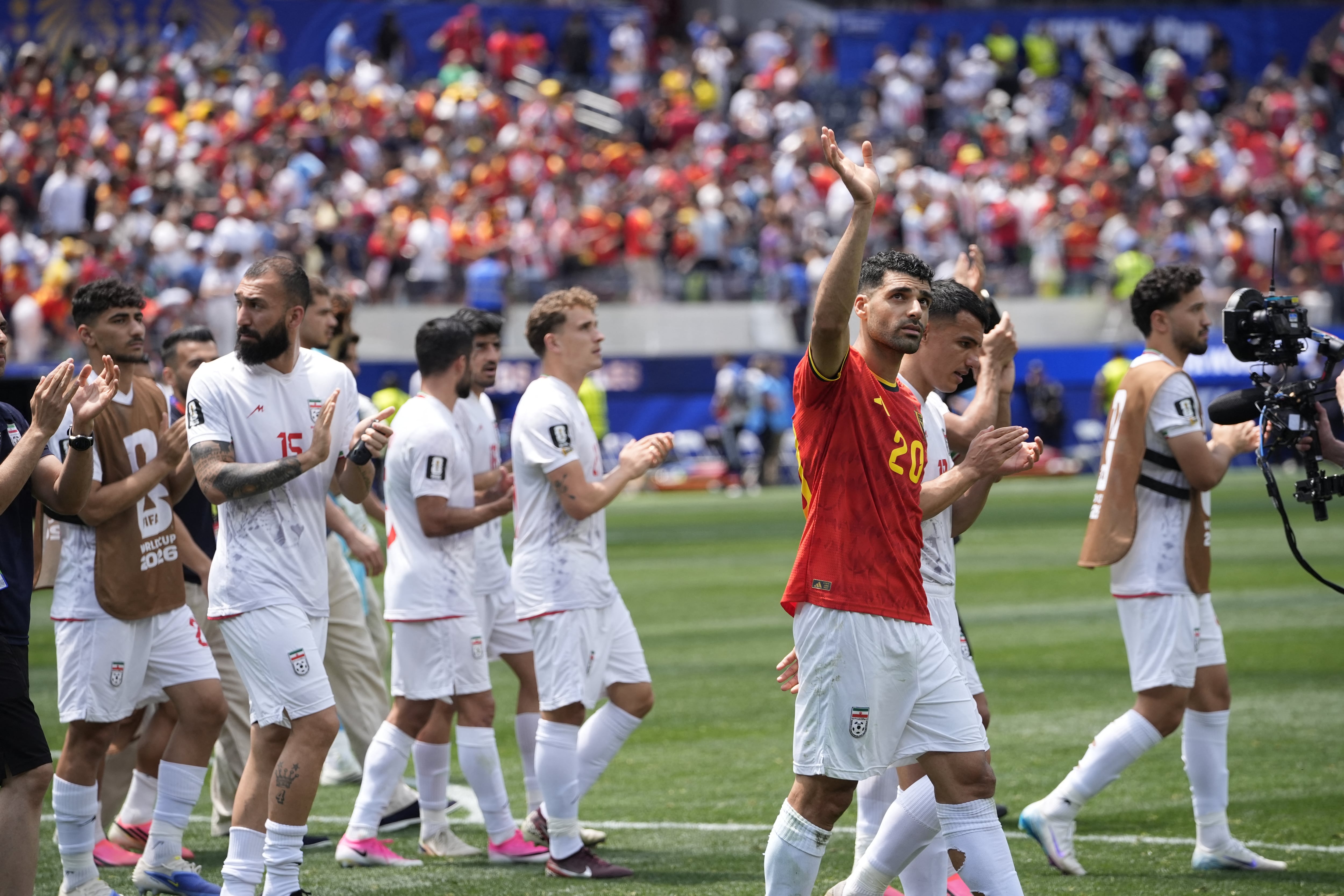LOS ANGELES, CALIFORNIA - JUNE 21: Mehdi Taremi of Iran waves to fans after the 2026 FIFA World Cup First Stage Group G match between IR Iran and Belgium at the Los Angeles Stadium (SoFi Stadium) in Inglewood, California, United States on June 21, 2026. Tayfun Coskun / Anadolu (Photo by Tayfun Coskun / Anadolu via AFP)