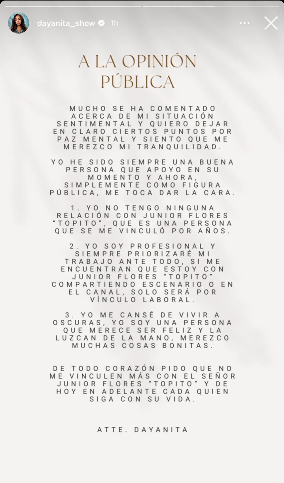 Dayanita ‘termina’ con ‘Topito’ en COMUNICADO