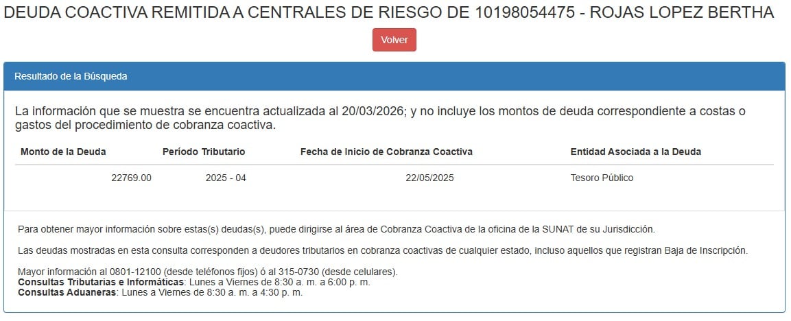 Registro de deuda coactiva de Bertha Rojas en la plataforma de Sunat. Información consultada el 31 de marzo de 2026 a las 6:00 a.m.