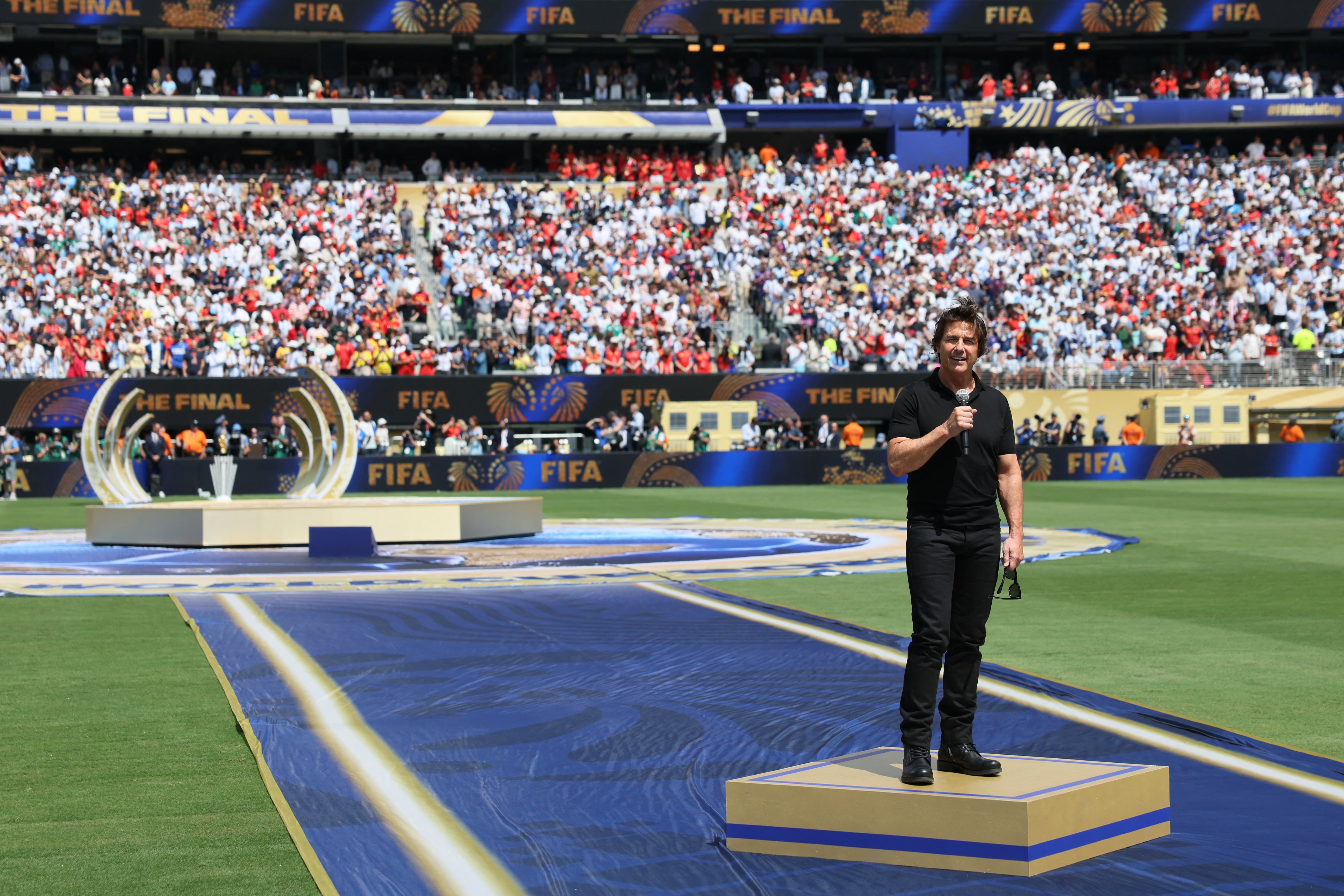 US actor and producer Tom Cruise delivers a speech ahead of the 2026 World Cup football tournament final match between Spain and Argentina at the New York/New Jersey Stadium in East Rutherford on July 19, 2026. (Photo by Odd ANDERSEN / AFP)