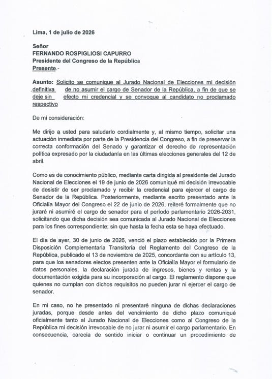 Carta enviada por Rafael López Aliaga al presidente del Congreso Fernando Rospigliosi.