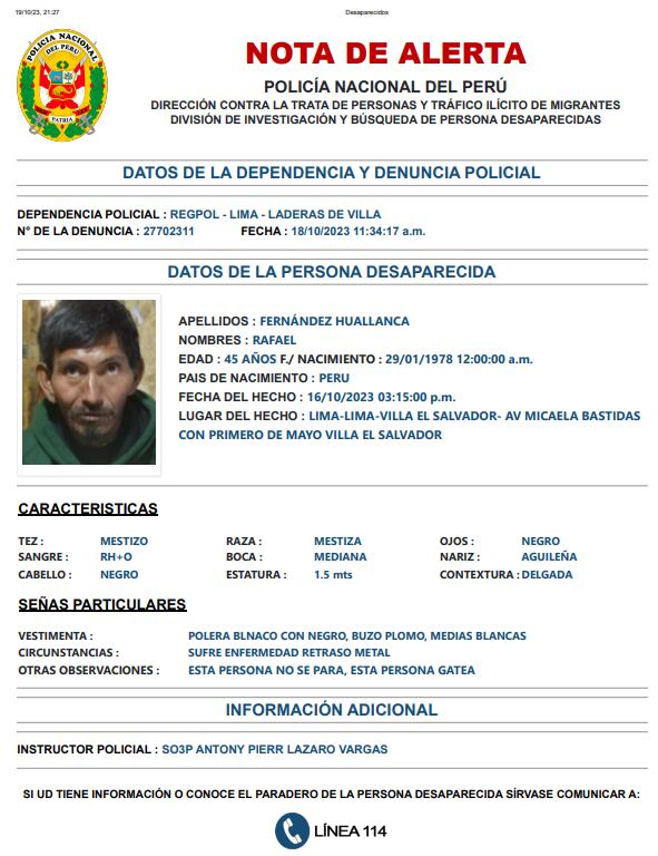 Rafael Fernández Huallanca fue reportado desaparecido por su familia.