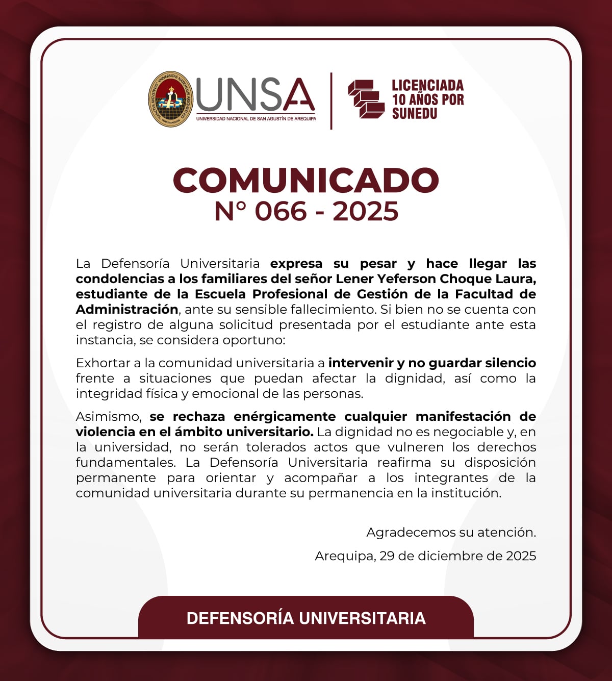 Comunicado de la UNSA.