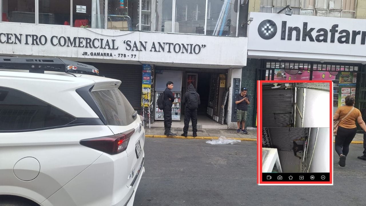 Imágenes de seguridad muestran cómo los delincuentes violentaron el portón enrollable metálico para sustraer accesorios de celulares.