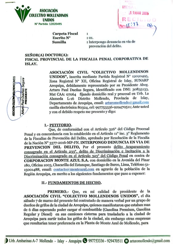 Denuncia fue presentada en la Fiscalía Penal de Islay, el 11 de marzo