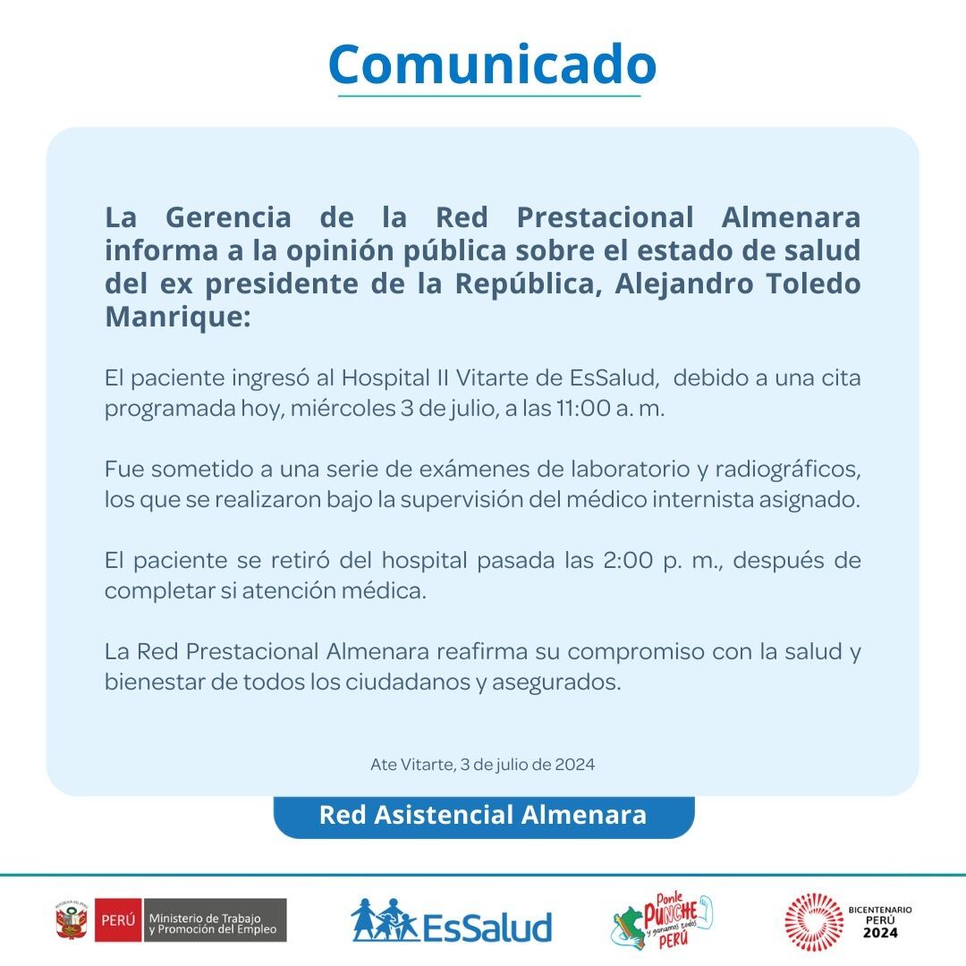 Comunicado de Essalud sobre el expresidente Alejandro Toledo. (Foto: Essalud)