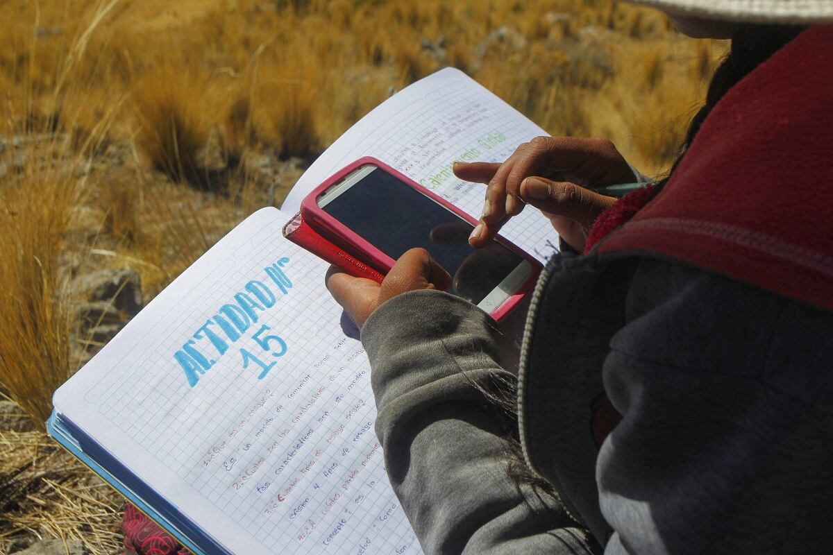 Una joven de 16 años toma notas durante una clase virtual desde lo alto de un cerro, en la remota comunidad altiplánica de Conaviri, distrito de Manazo, el 24 de julio de 2020, (Foto de Carlos MAMANI / AFP)
