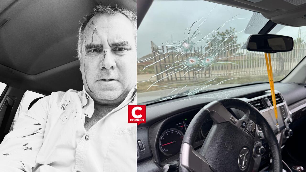 El precandidato de Libertad Popular sufrió un ataque armado mientras conducía en Cerro Azul. Su vehículo terminó con tres impactos de bala en el parabrisas. (Fotos desde la cuenta de X de Gino Costa | Composición Diario Correo)