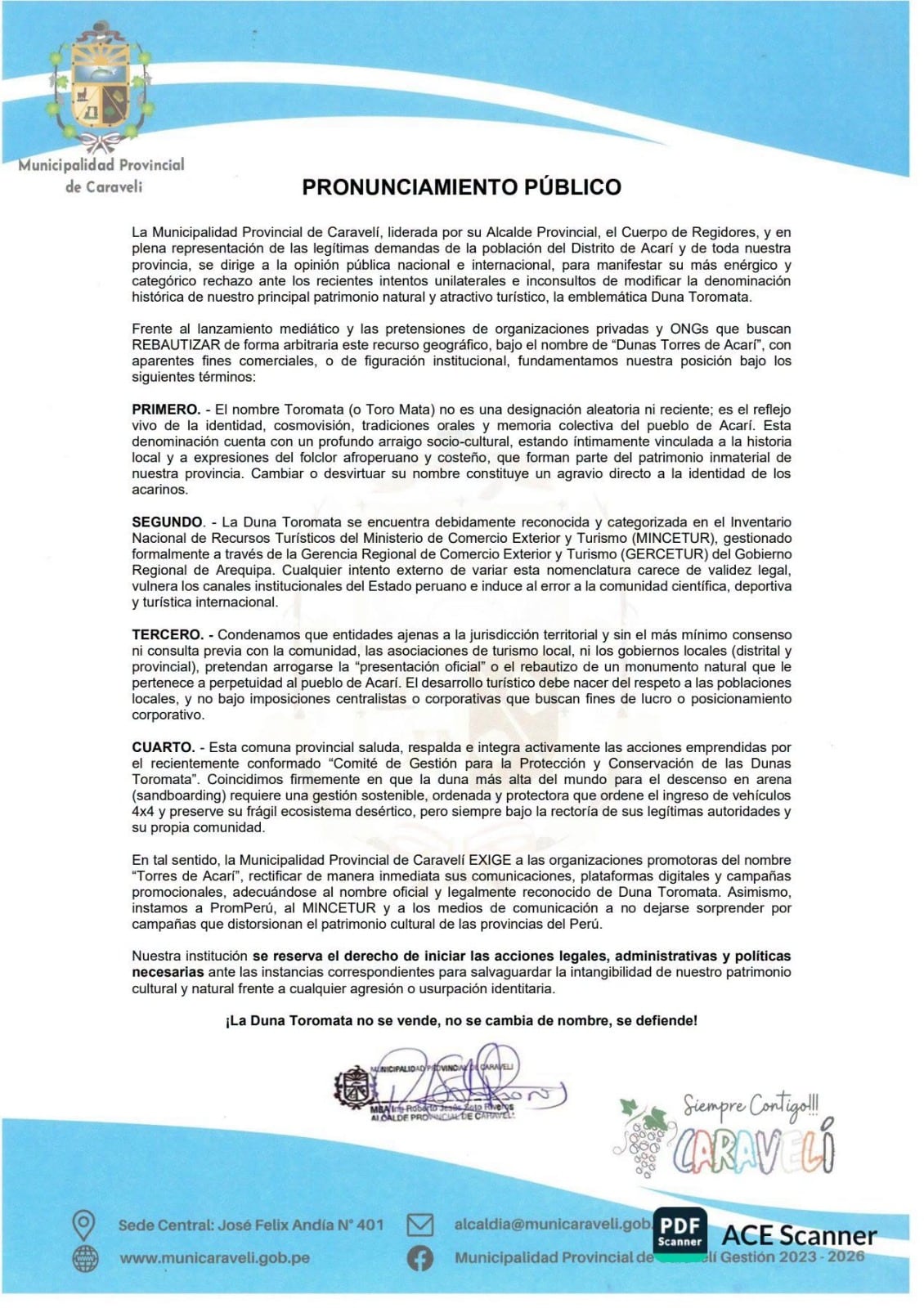 Pronunciamiento de la Municipalidad Provincial de Caravelí sobre la Duna Toromata.