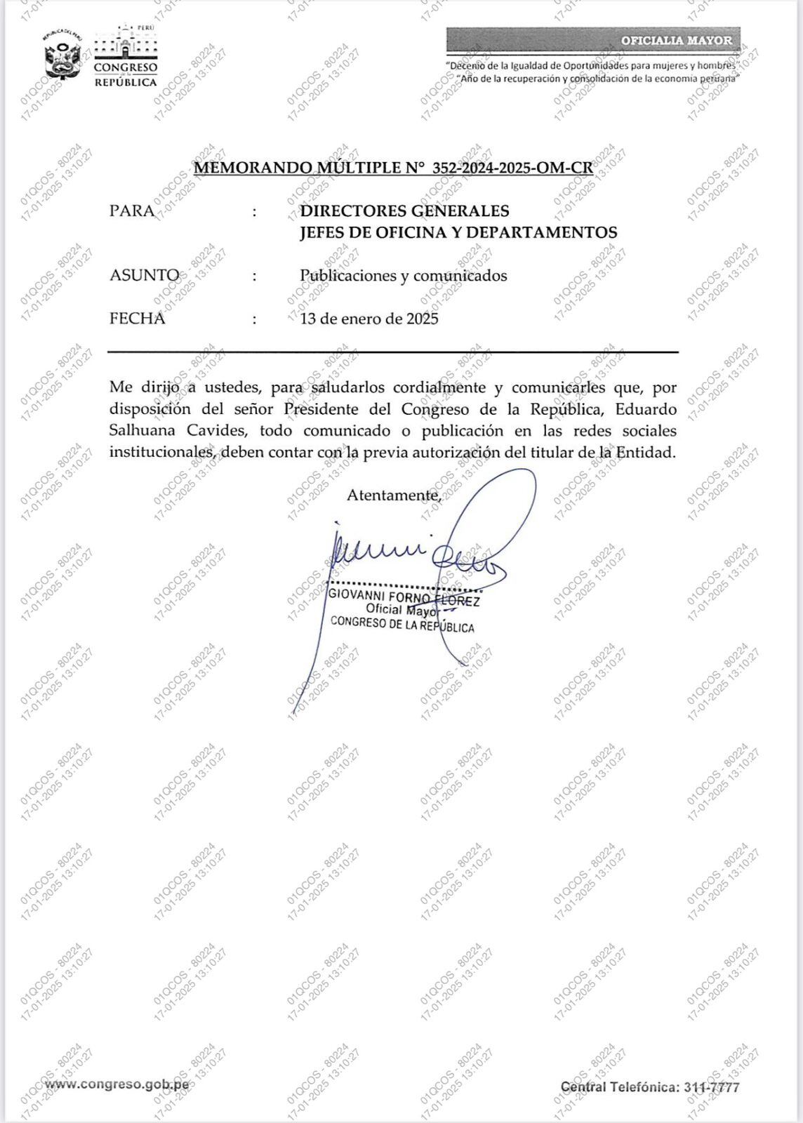 Este documento recién fue enviado a las direcciones del Congreso el 17 de enero, un día después de la polémica publicación.