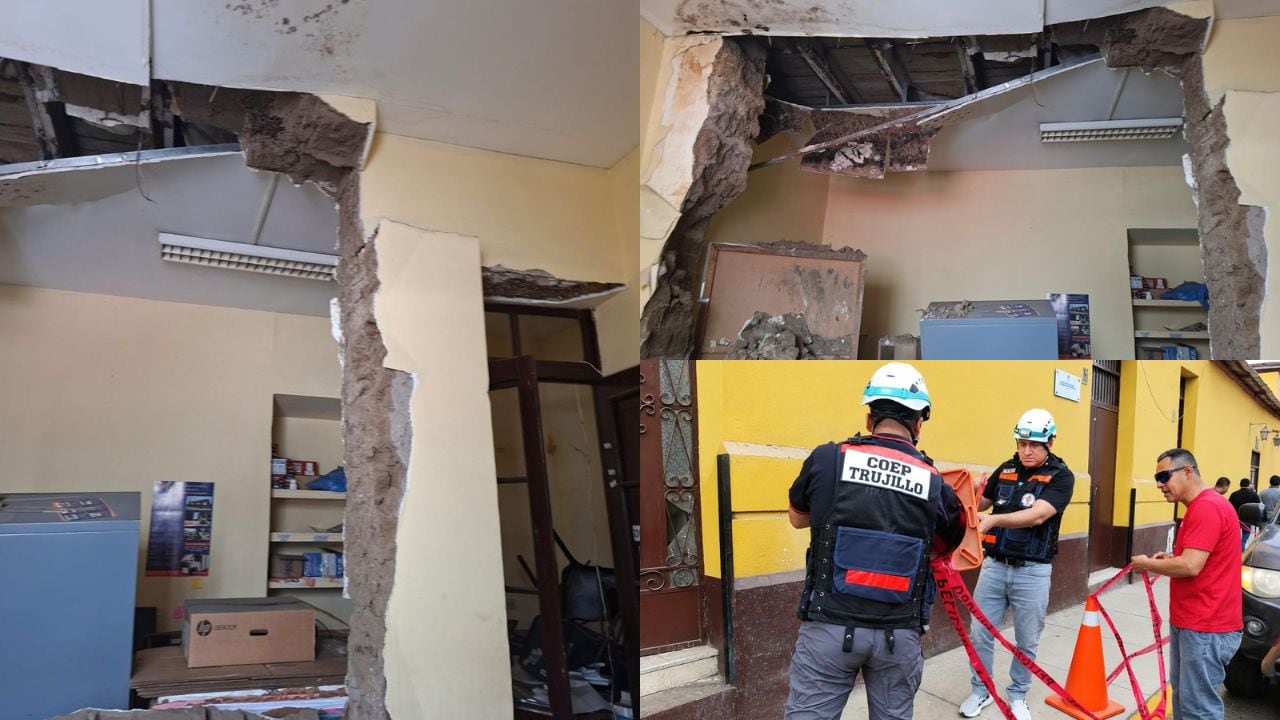 Ambiente que cedió se ubica en la cuadra 3 del jirón Diego de Almagro, en el centro de Trujillo. Se recomendó no transitar cerca de la zona, pues hay otras partes que pueden caer.