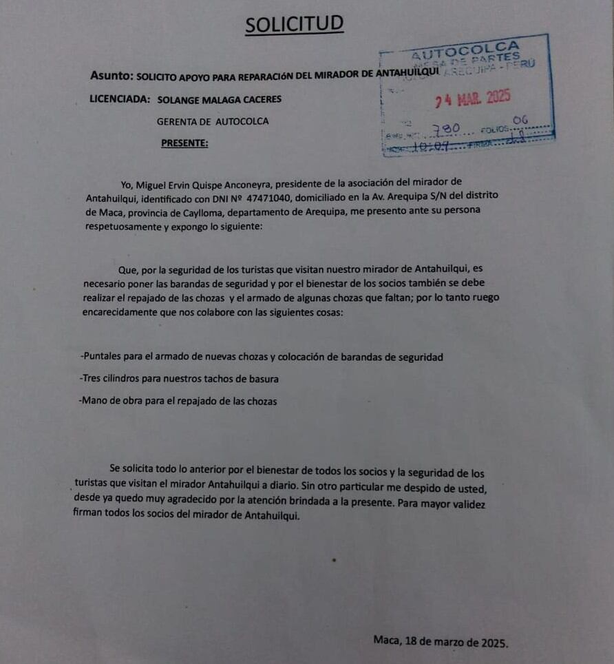 Documento que ingresó a Autocolca. Foto; difusión.