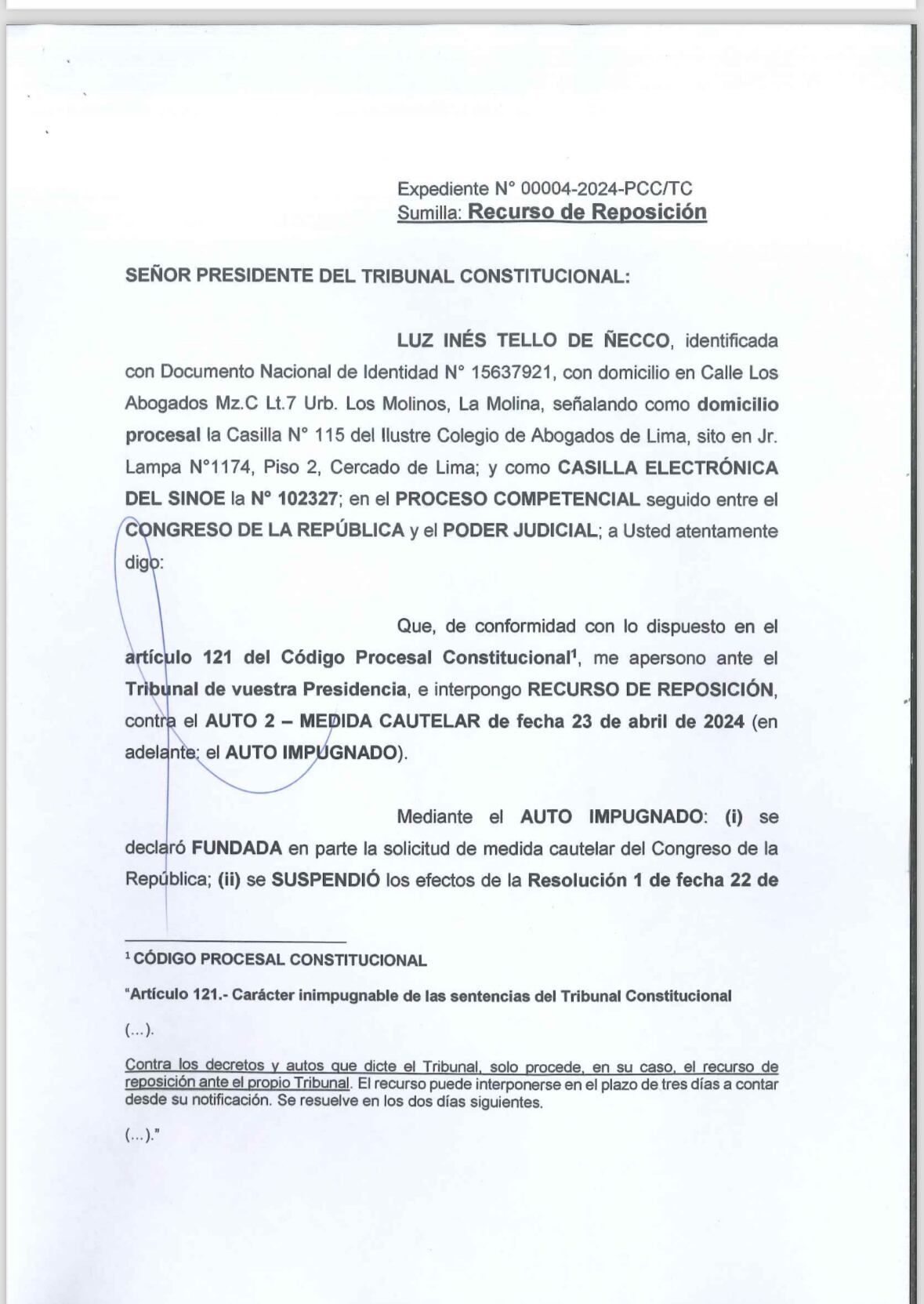 Inés Tello presenta recurso de reposición ante el Tribunal Constitucional que se declare nula la resolución que la afecta. (Foto: X)