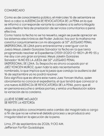 Comunicado de Jefferson Farfán sobre el cambio de magistrado en el caso que sigue contra Magaly Medina. ( Redes sociales de Jefferson Farfán)