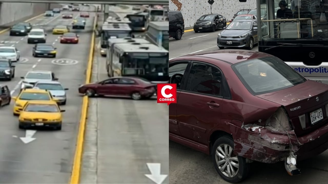 Vía Expresa: automóvil pierde el control y termina en carril exclusivo del Metropolitano en Miraflores. Composición: Diario Correo.