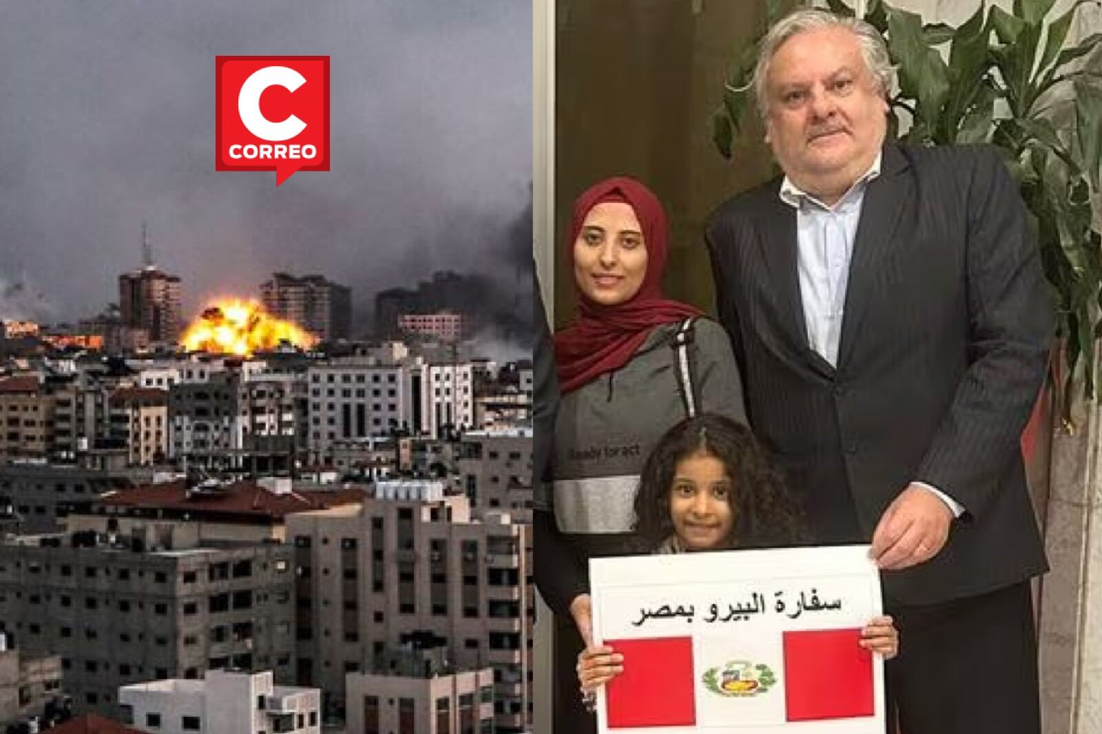 El embajador Betancourt, el cónsul Giancarlo Pedraza y el funcionario George Yacoub posan junto a Nessma Alasttal y su hija, Wattan, en la zona de frontera luego de que evacuaran de Gaza.