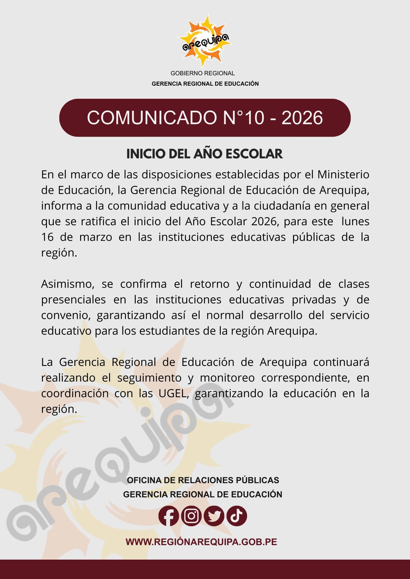 Comunicado de la Gerencia de Educación