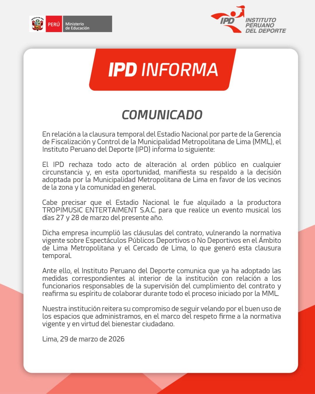 Comunicado del Instituto Peruano del Deporte sobre la situación del Estadio Nacional. (Foto: IPD)
