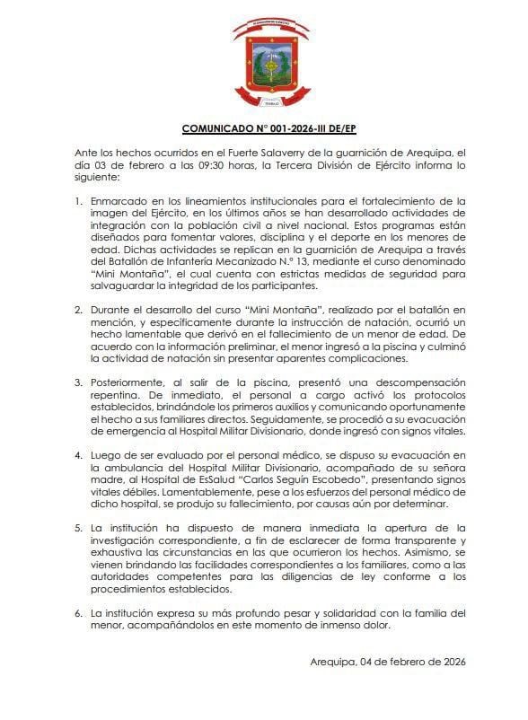 Comunicado de la Tercera División del Ejército sobre menor fallecido.