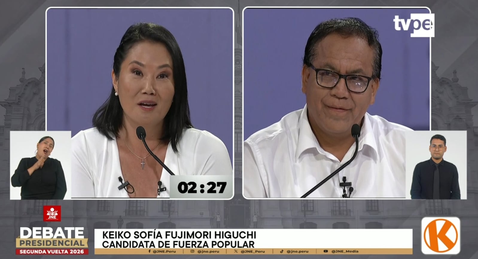 Keiko Fujimori y Roberto Sánchez debatieron sobre cuatro temas. (Foto: Captura JNE Media)