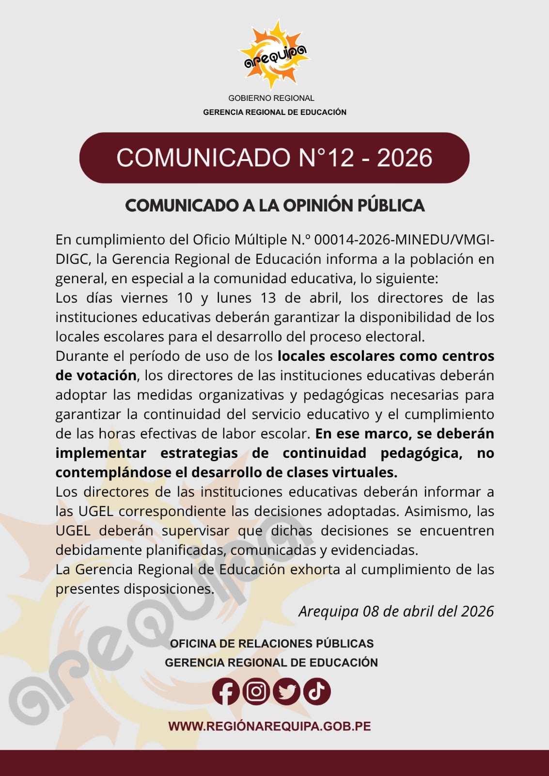 Comunicado de la Gerencia de Educación de Arequipa