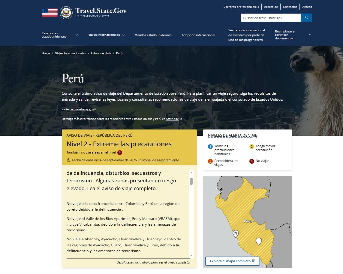 EE. UU. mantiene alerta de viaje para Perú en nivel 2 por delincuencia, secuestros y violencia extrema. Fuente: Embajada de Estados Unidos en Perú.