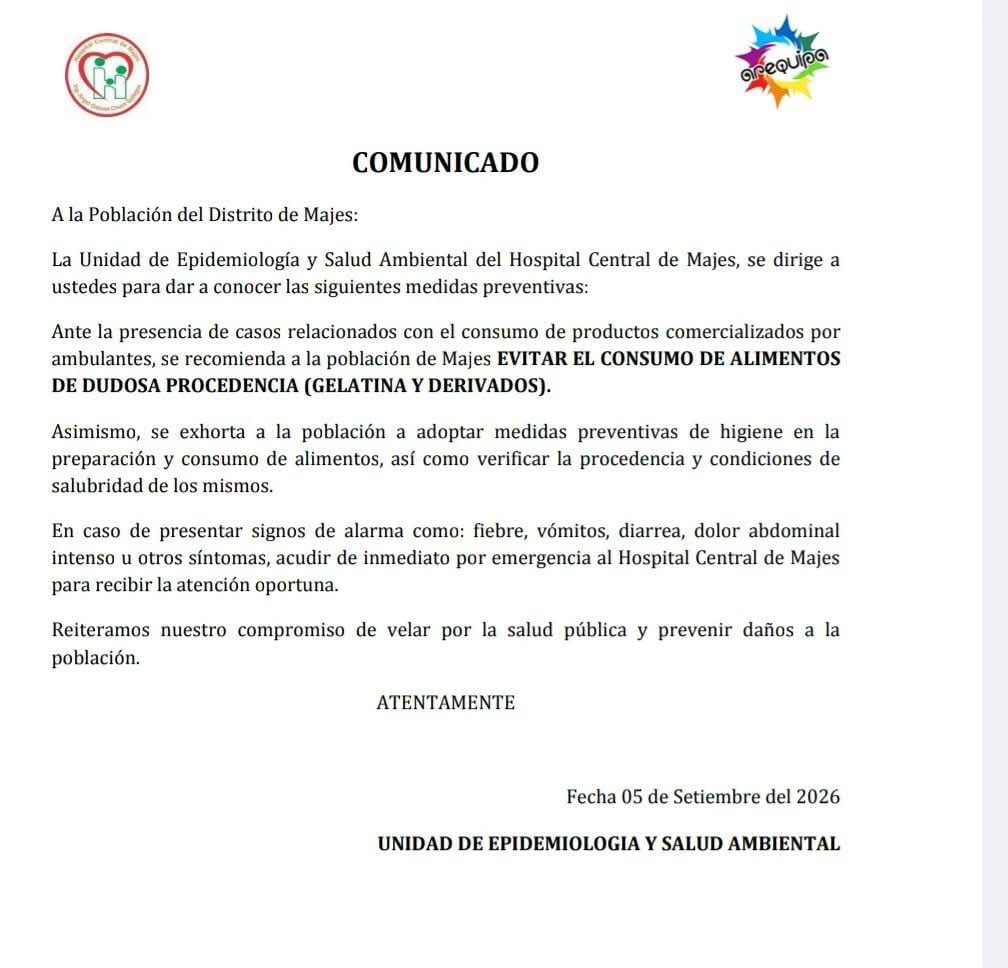 Comunicado de la Unidad de Epidemiología y Salud Ambiental de Majes.