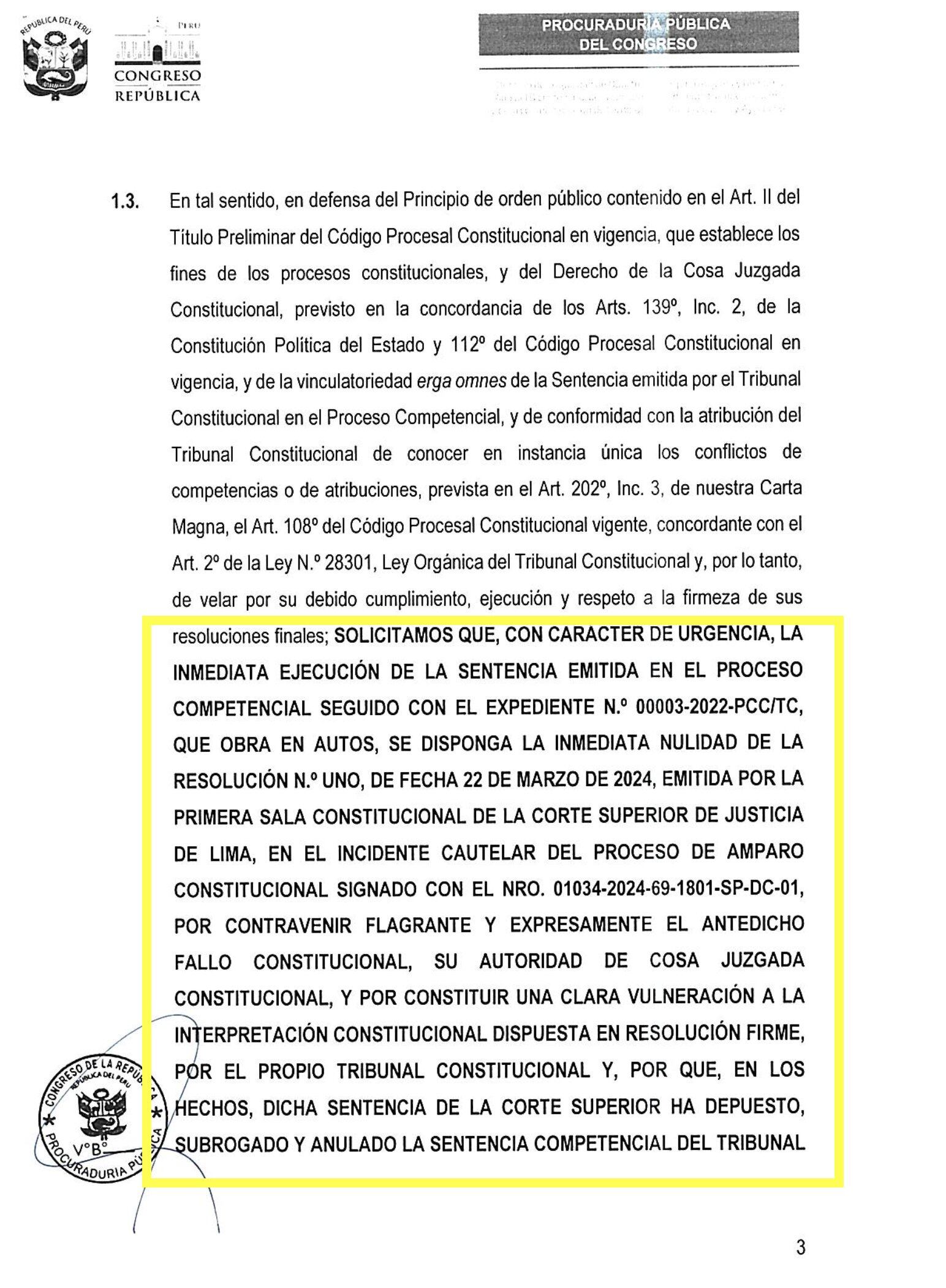 Procurador del Congreso de la República, Manuel Peña Tavera, solicitó al Tribunal Constitucional (TC) anular la medida cautelar del Poder judicial.