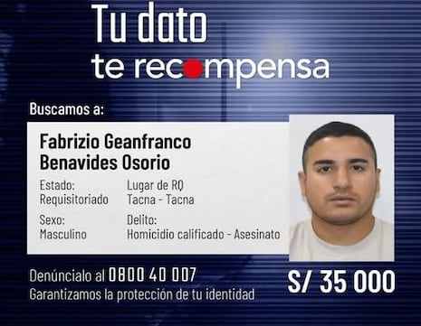 Tacna: Ofrecen 35,000 soles por captura de presunto asesino Fabrizio Benavides