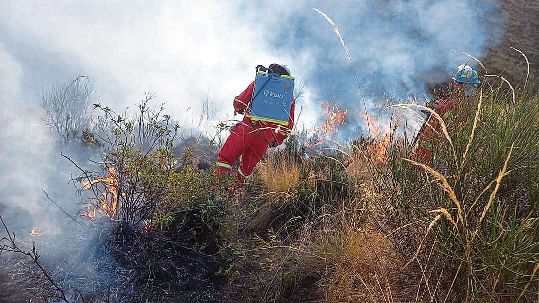Bomberos, serenos, policías y voluntarios arriesgan sus vidas para sofocar el fuego de los pastizales