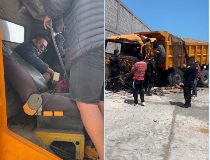 Fue necesaria la intervención de bomberos con equipos de cortes y personal de salud, para poder liberar las piernas del hombre del volante.