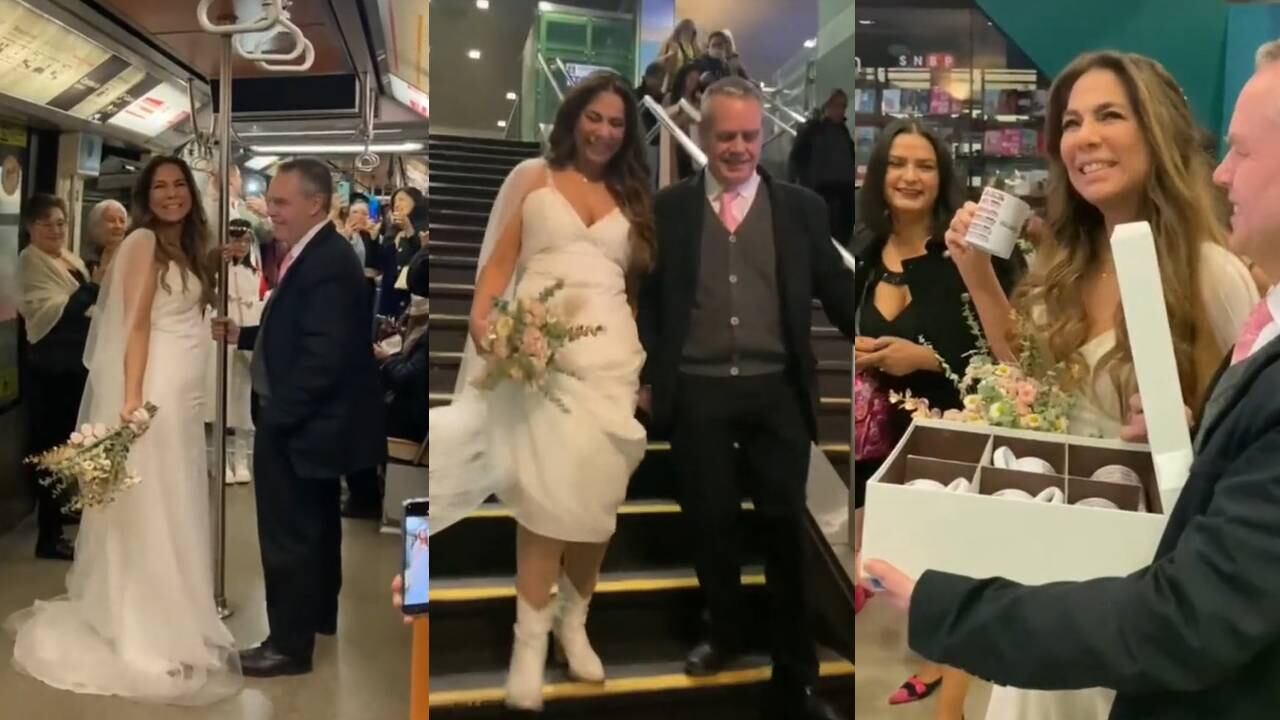 Pareja de recién casados viajó en el Metro de Santiago para ir a su fiesta de bodas. (Foto: composición EC)