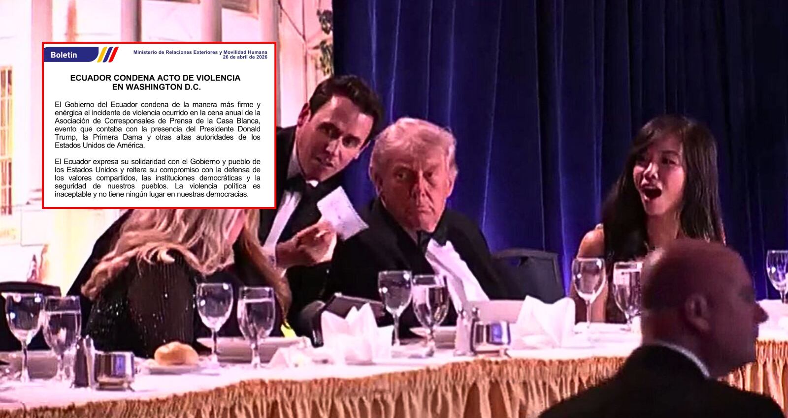 Ecuador condena violencia en cena de corresponsales de la Casa Blanca con Trump presente