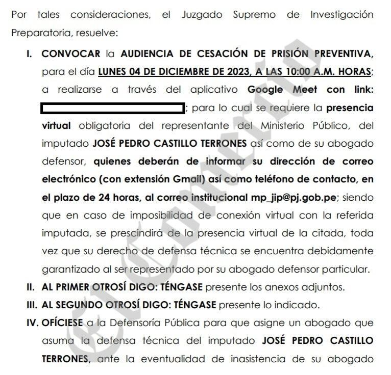 Pedro Castillo pide el cese de su prisión preventiva