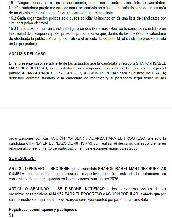 JEE de Caylloma emitió un decreto para exigir descargo a la postulante por los partidos Alianza para el Progreso y Acción Popular (Fuente: JEE Caylloma)