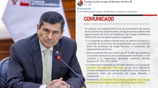 PCM aclara que autógrafa de ley no se ocupa del límite territorial entre Tacna y Moquegua