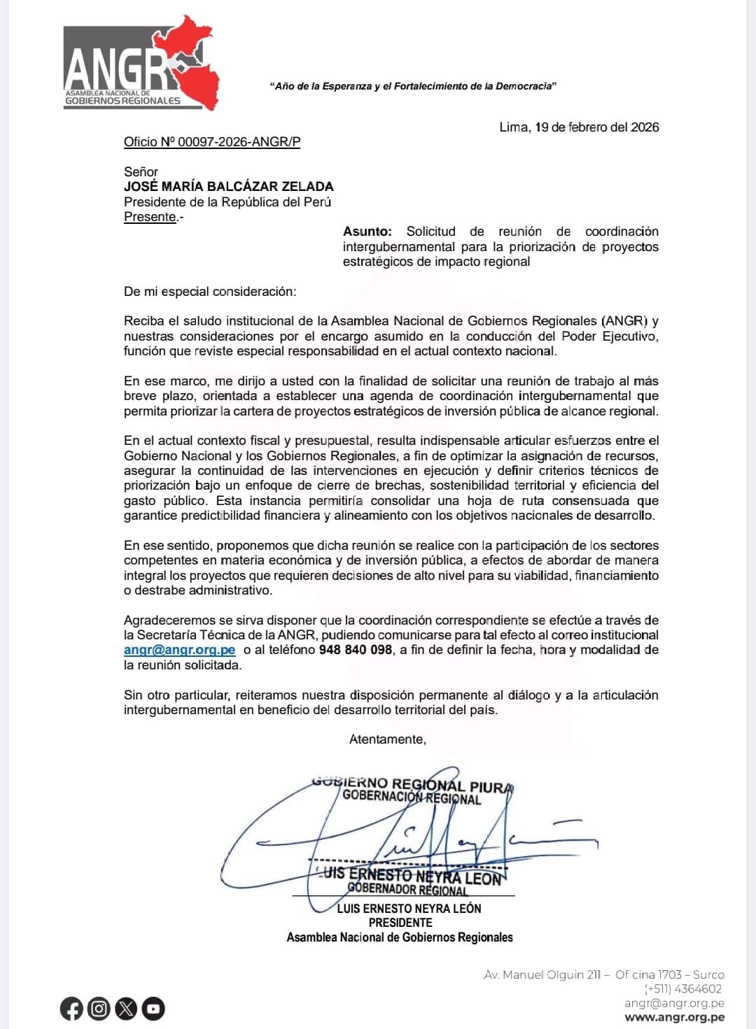 El comunicado que la Asamblea Nacional de Gobiernos Regionales envió al presidente José María Balcázar (FOTO: ANGR)