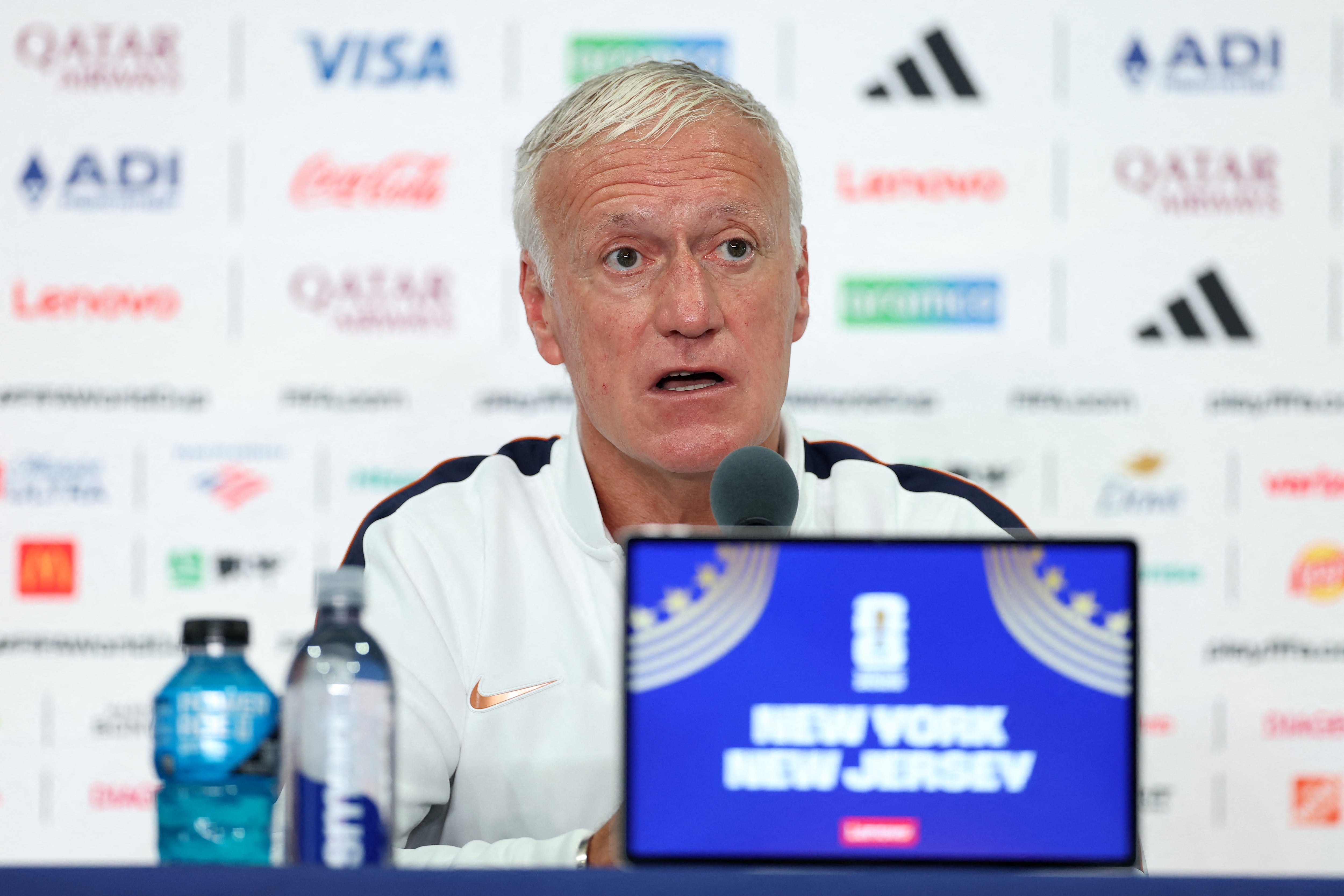 EAST RUTHERFORD, NEW JERSEY - JUNE 29: Didier Deschamps, Head Coach of France, speaks during a press conference ahead of the FIFA World Cup 2026 Round Of 32 match between Group France and Sweden at New York New Jersey Stadium on June 29, 2026 in East Rutherford, New Jersey. Justin Setterfield/Getty Images/AFP (Photo by Justin Setterfield / GETTY IMAGES NORTH AMERICA / Getty Images via AFP)