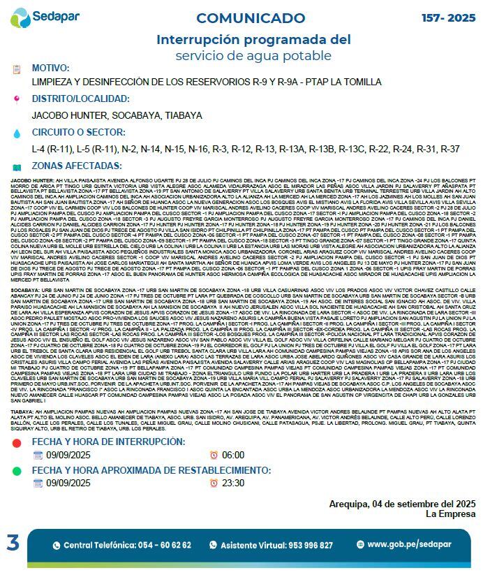Corte de agua en Arequipa este martes 9 de setiembre