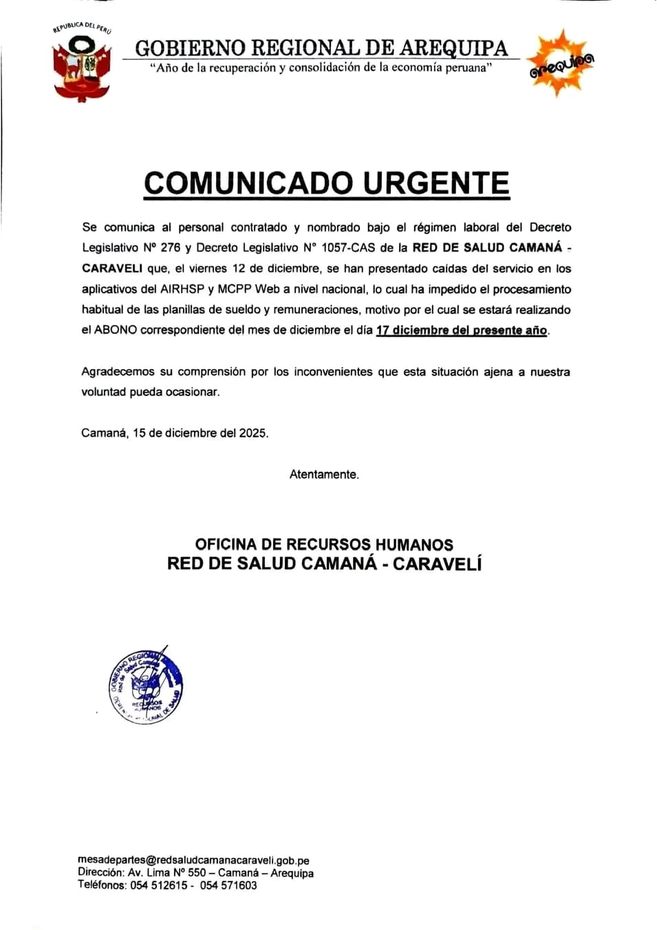 Comunicado por retraso de pagos a trabajadores CAS Salud.