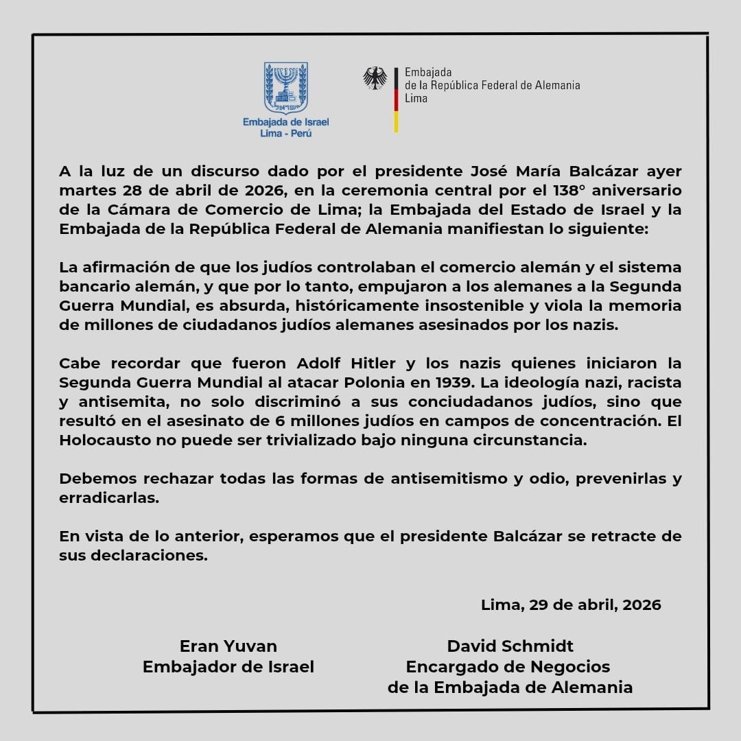 Pronunciamiento conjunto de las embajadas de Alemania e Israel.